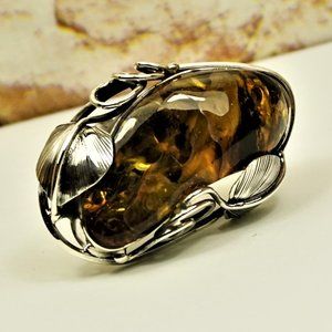 HUGE BALTIC AMBER 925 SILVER ADJUSTABLE RING